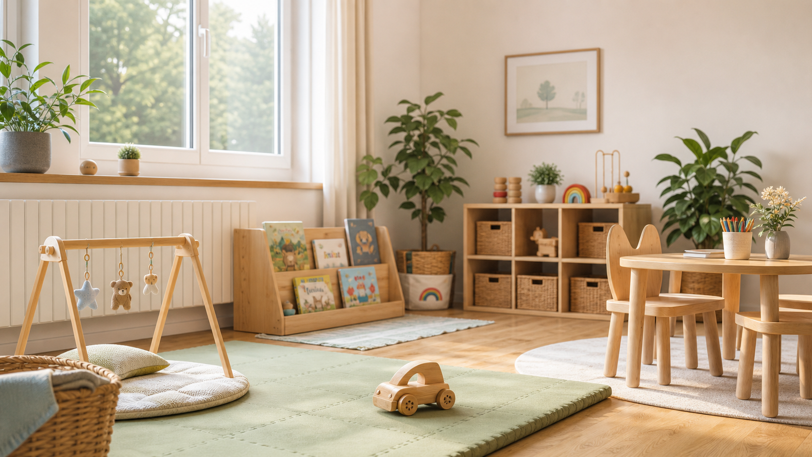 Heller Spielraum mit Holzspielzeug, Büchern und kleinen Kindermöbeln